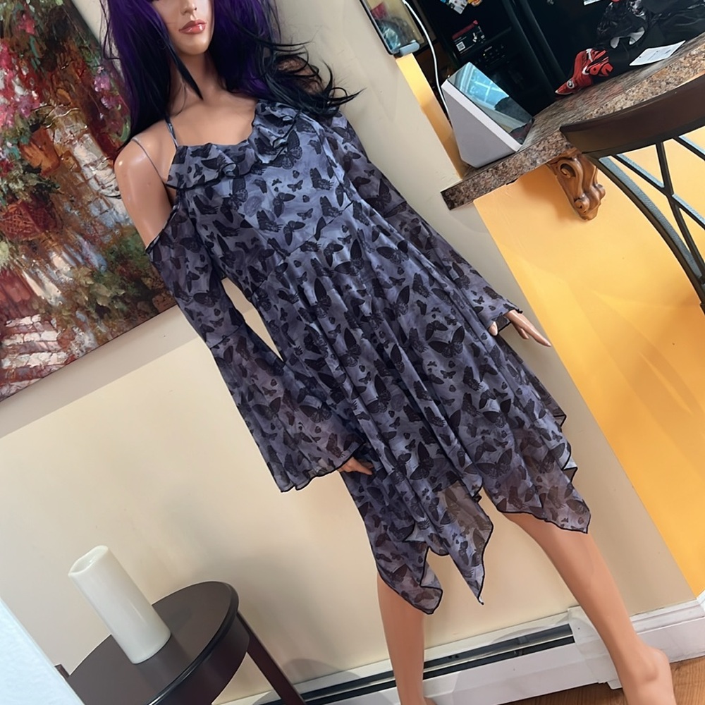 Black &  Gray goth Butterfly Print fairy S dress nwt